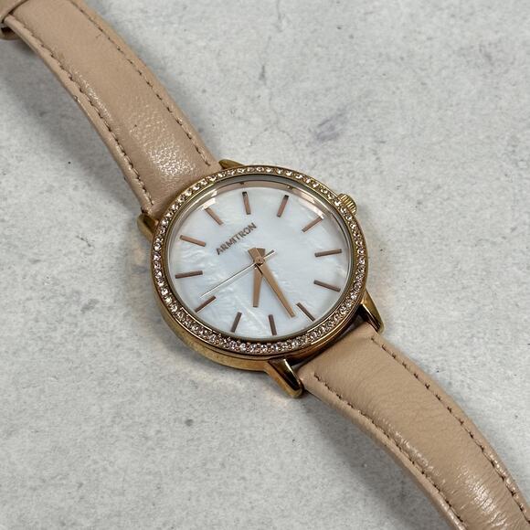 Armitron Watch Womens 37mm Rose Gold Crystal Bezel MOP Dial Leather New Battery - Picture 1 of 11